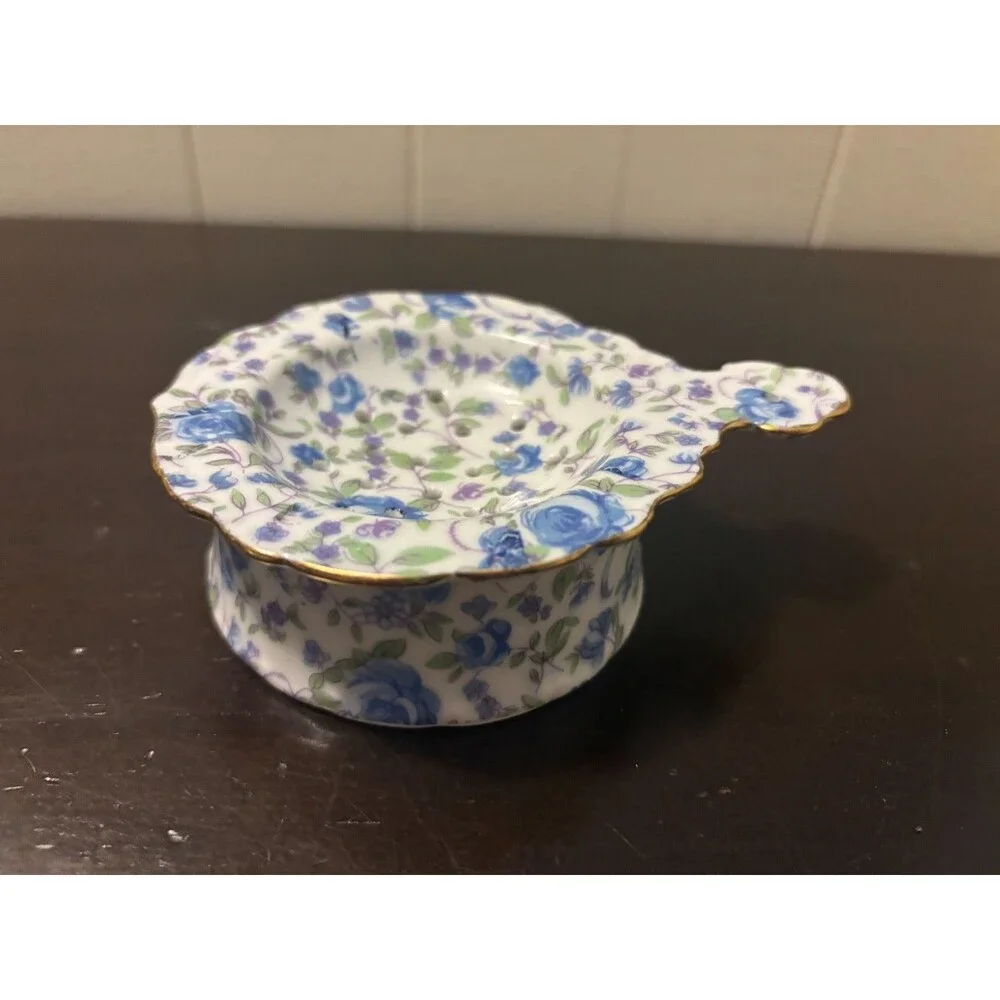Vintage Porcelain Tea Strainer Rest Bowl Blue Purple Chintz Floral Gold Trim